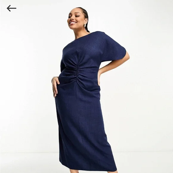 ASOS | Dresses | Asos Design Curve Linenlook Flutter Sleeve Midi Dress With  Ruching In Navy | Poshmark